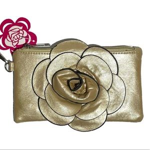 Gold Floral Wristlet Purse Metallic Rose Handbag Event Cosmetics Evening Bag